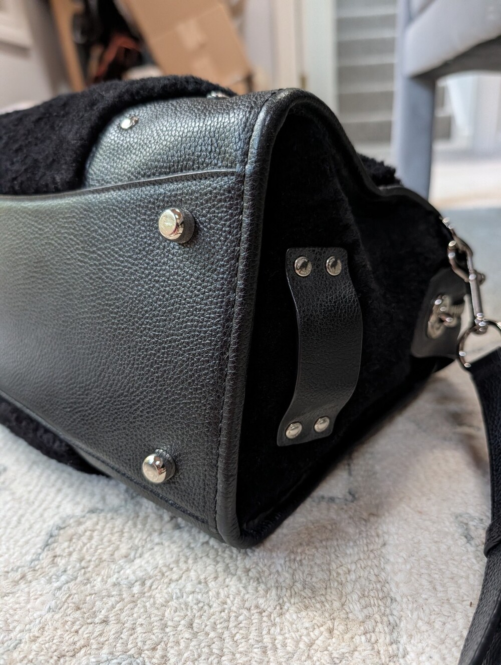 Coach Rhyder 30 Black Leather & Shearling Duffel Satchel - Picture 8 of 14